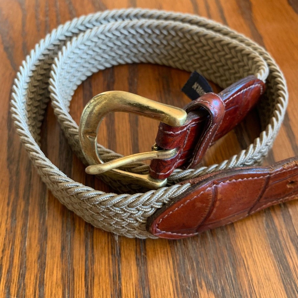Crookhorn Belt Brown Croc Leather Beige Braid Stretch Brass Buckle 33" USA Made